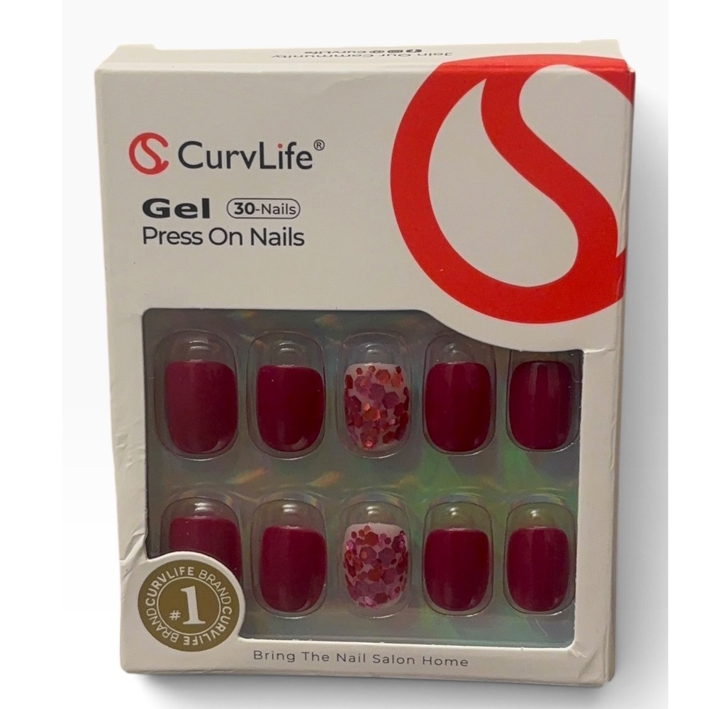 CurvLife Gel Press On Nails 30-Count Burgundy Wine Red Glitter Accent Soft Gel